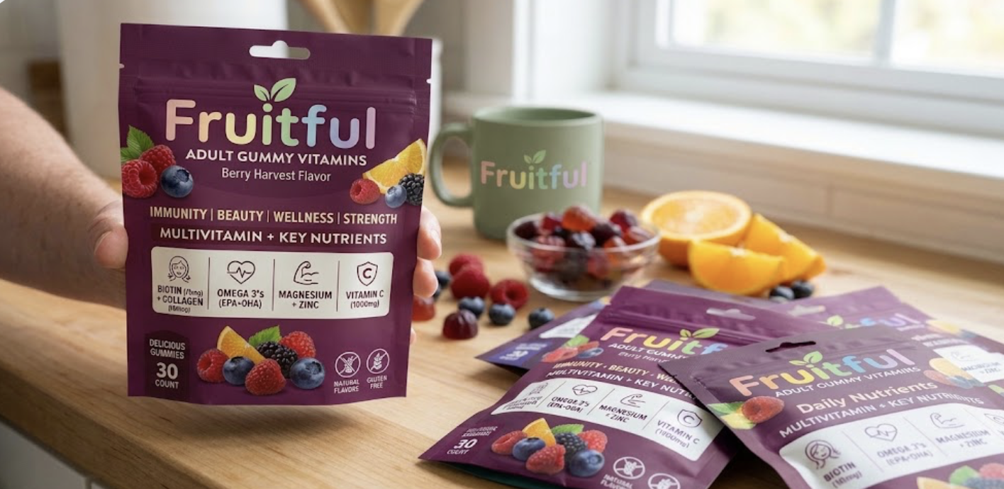 Fruitful Family Variety Pack pouch surrounded by individually wrapped gummy packets for Vitamin C, D3, Multi, Elderberry, Zinc, Magnesium, Complex, B12, Biotin, and Turmeric